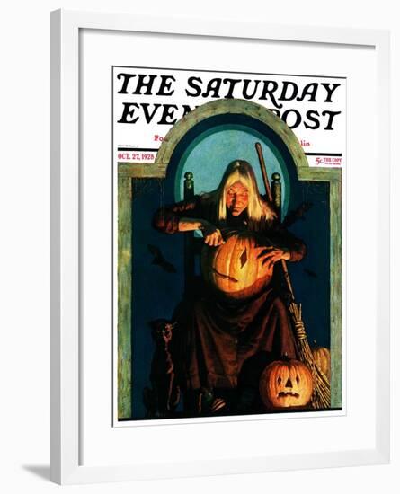 "Witch Carving Pumpkin," Saturday Evening Post Cover, October 27, 1928-Frederic Stanley-Framed Giclee Print