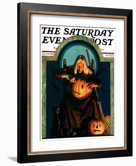 "Witch Carving Pumpkin," Saturday Evening Post Cover, October 27, 1928-Frederic Stanley-Framed Giclee Print