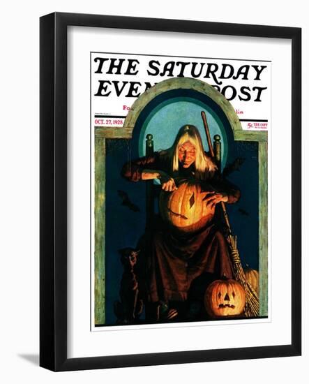 "Witch Carving Pumpkin," Saturday Evening Post Cover, October 27, 1928-Frederic Stanley-Framed Giclee Print