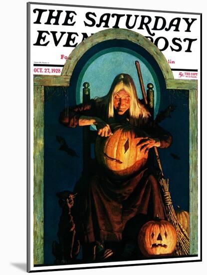 "Witch Carving Pumpkin," Saturday Evening Post Cover, October 27, 1928-Frederic Stanley-Mounted Giclee Print