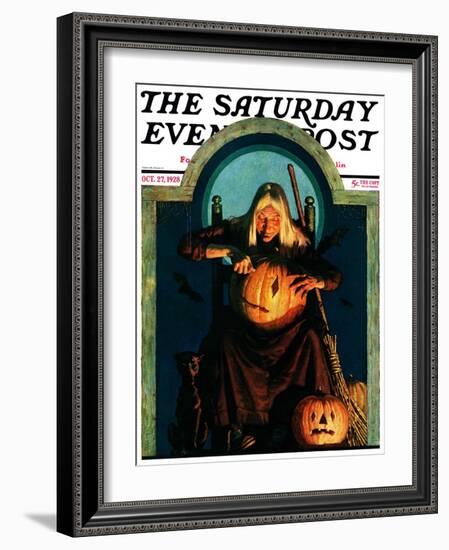 "Witch Carving Pumpkin," Saturday Evening Post Cover, October 27, 1928-Frederic Stanley-Framed Giclee Print