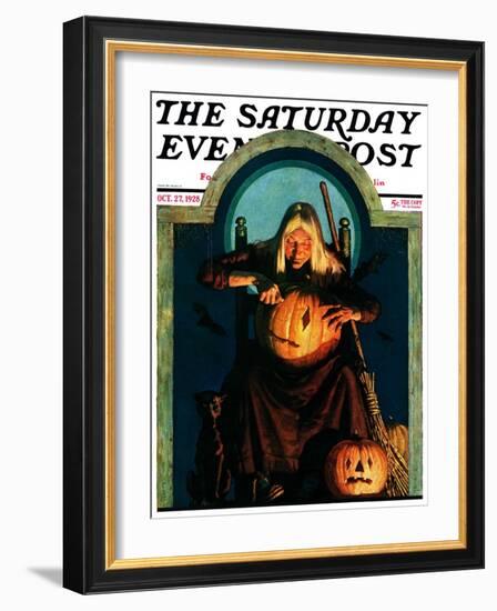 "Witch Carving Pumpkin," Saturday Evening Post Cover, October 27, 1928-Frederic Stanley-Framed Giclee Print