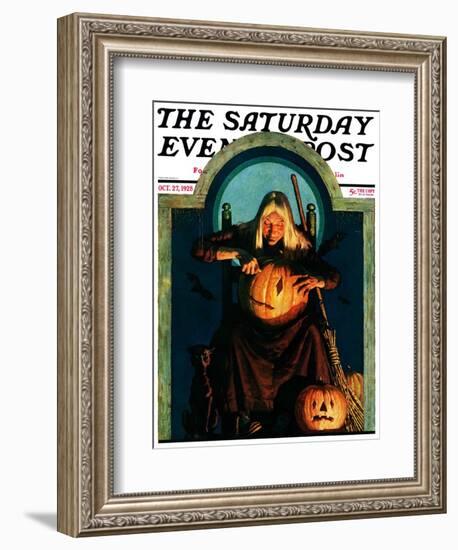 "Witch Carving Pumpkin," Saturday Evening Post Cover, October 27, 1928-Frederic Stanley-Framed Giclee Print