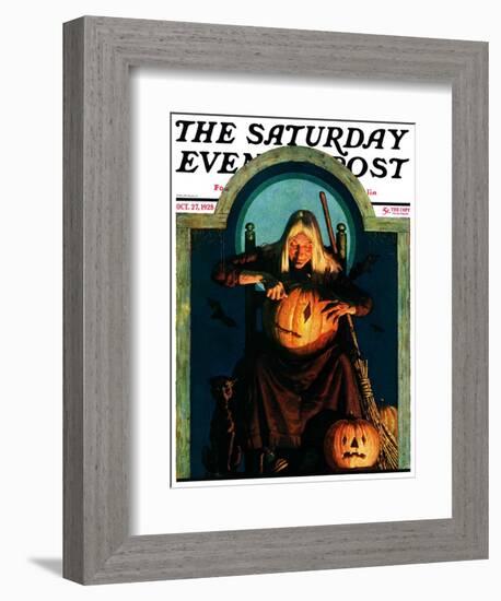 "Witch Carving Pumpkin," Saturday Evening Post Cover, October 27, 1928-Frederic Stanley-Framed Giclee Print