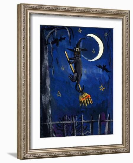 Witch Cat on Broom Halloween-sylvia pimental-Framed Art Print