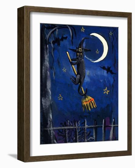 Witch Cat on Broom Halloween-sylvia pimental-Framed Art Print