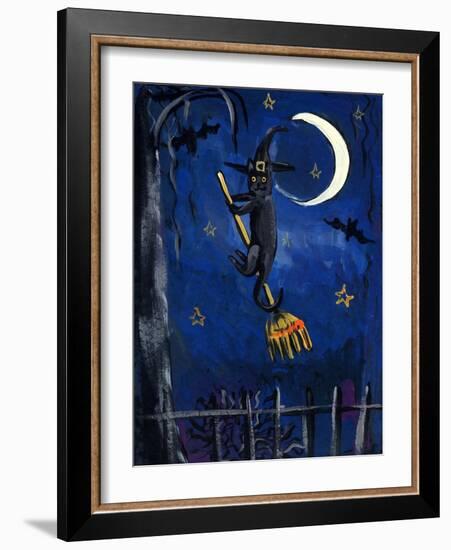 Witch Cat on Broom Halloween-sylvia pimental-Framed Art Print