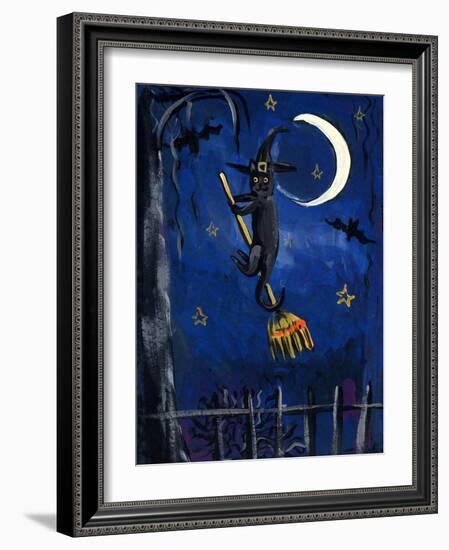 Witch Cat on Broom Halloween-sylvia pimental-Framed Art Print