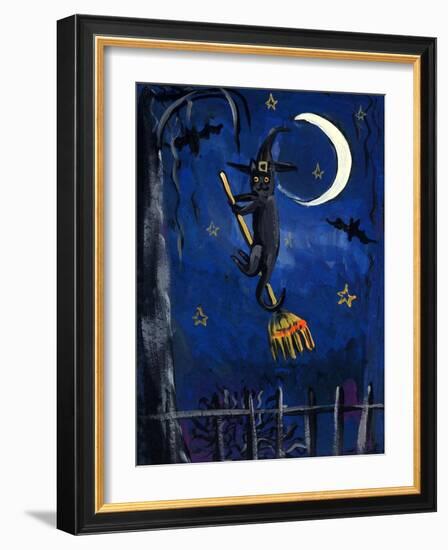 Witch Cat on Broom Halloween-sylvia pimental-Framed Art Print