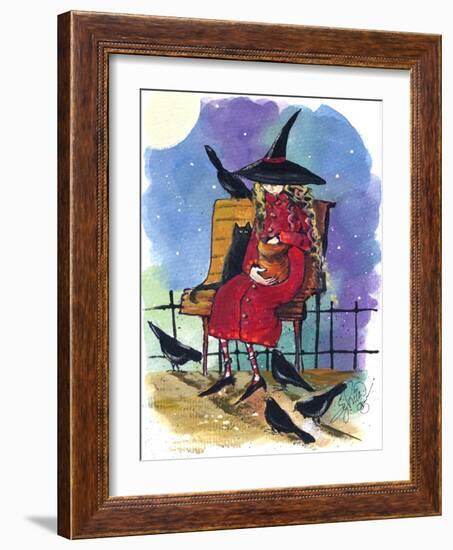 Witch feeding Crows Halloween-sylvia pimental-Framed Art Print