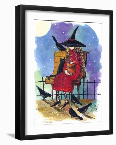 Witch feeding Crows Halloween-sylvia pimental-Framed Art Print