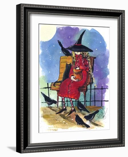 Witch feeding Crows Halloween-sylvia pimental-Framed Art Print