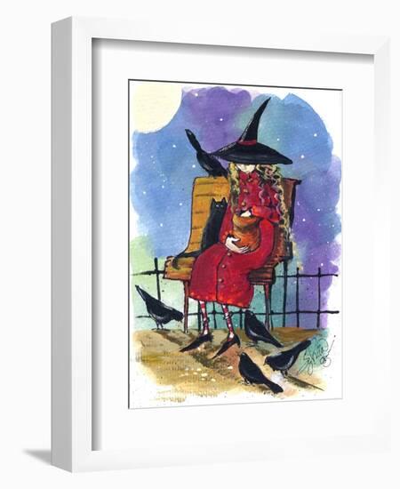 Witch feeding Crows Halloween-sylvia pimental-Framed Art Print