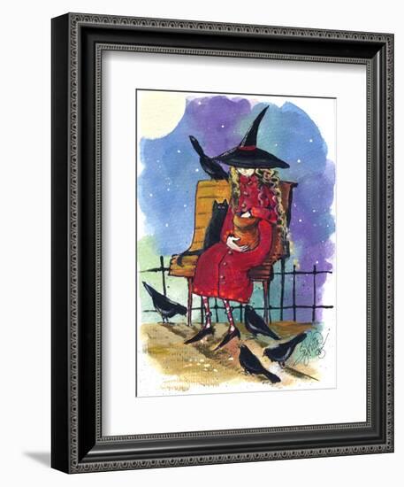 Witch feeding Crows Halloween-sylvia pimental-Framed Art Print