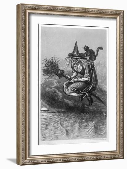 Witch Flies to the Sabbat with Her Cat on Her Broomstick-F. Armytage-Framed Art Print