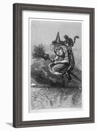 Witch Flies to the Sabbat with Her Cat on Her Broomstick-F. Armytage-Framed Art Print