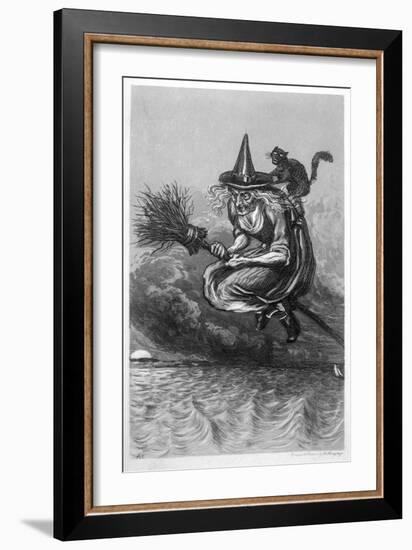 Witch Flies to the Sabbat with Her Cat on Her Broomstick-F. Armytage-Framed Art Print