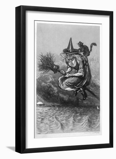 Witch Flies to the Sabbat with Her Cat on Her Broomstick-F. Armytage-Framed Art Print