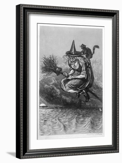 Witch Flies to the Sabbat with Her Cat on Her Broomstick-F. Armytage-Framed Art Print