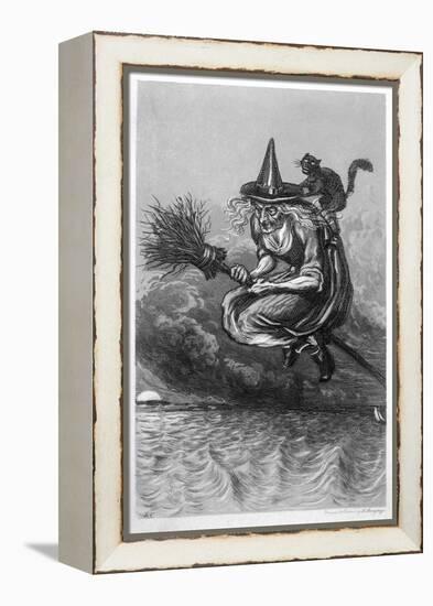 Witch Flies to the Sabbat with Her Cat on Her Broomstick-F. Armytage-Framed Stretched Canvas