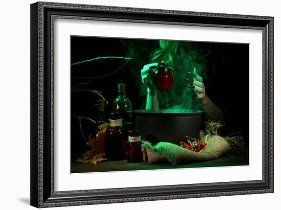 Witch in Scary Halloween Laboratory on Dark Color Background-Yastremska-Framed Photographic Print