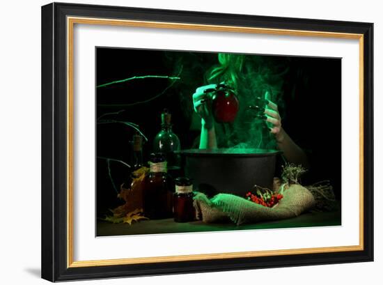 Witch in Scary Halloween Laboratory on Dark Color Background-Yastremska-Framed Photographic Print