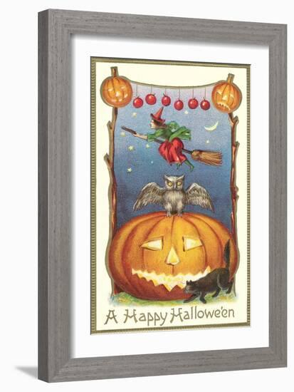 Witch, Owl Perched on Jack O'Lantern-null-Framed Art Print