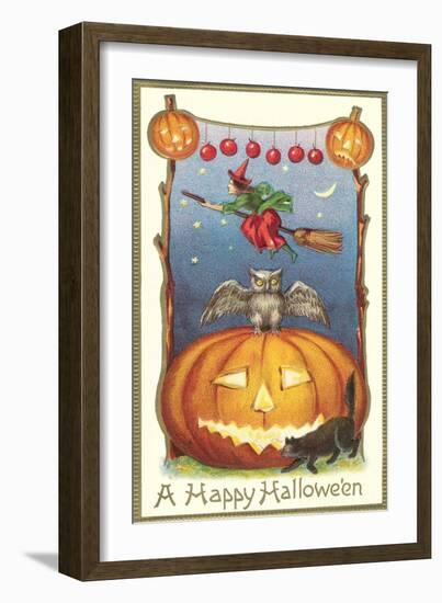 Witch, Owl Perched on Jack O'Lantern-null-Framed Art Print