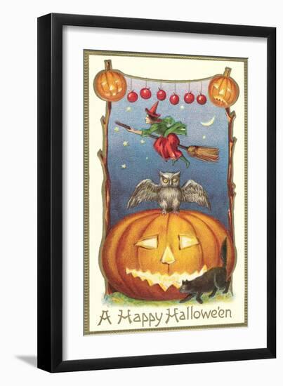 Witch, Owl Perched on Jack O'Lantern-null-Framed Art Print