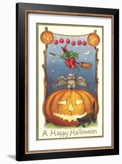 Witch, Owl Perched on Jack O'Lantern-null-Framed Art Print