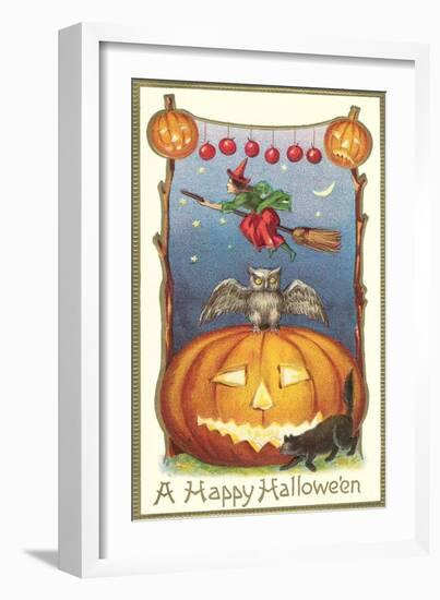 Witch, Owl Perched on Jack O'Lantern-null-Framed Art Print