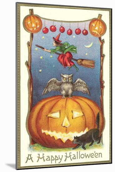 Witch, Owl Perched on Jack O'Lantern-null-Mounted Art Print