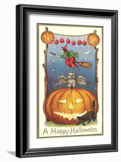 Witch, Owl Perched on Jack O'Lantern-null-Framed Art Print