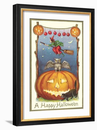 Witch, Owl Perched on Jack O'Lantern-null-Framed Art Print