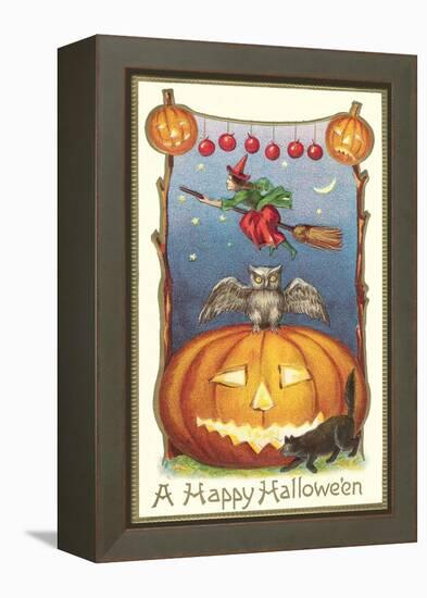 Witch, Owl Perched on Jack O'Lantern-null-Framed Stretched Canvas