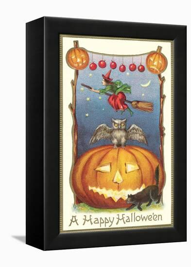 Witch, Owl Perched on Jack O'Lantern-null-Framed Stretched Canvas