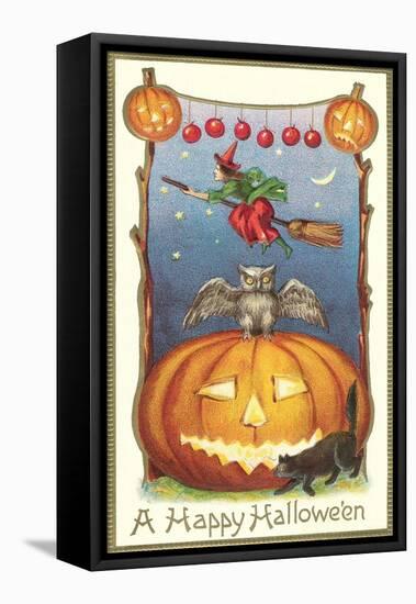Witch, Owl Perched on Jack O'Lantern-null-Framed Stretched Canvas
