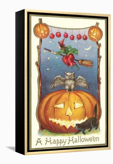 Witch, Owl Perched on Jack O'Lantern-null-Framed Stretched Canvas