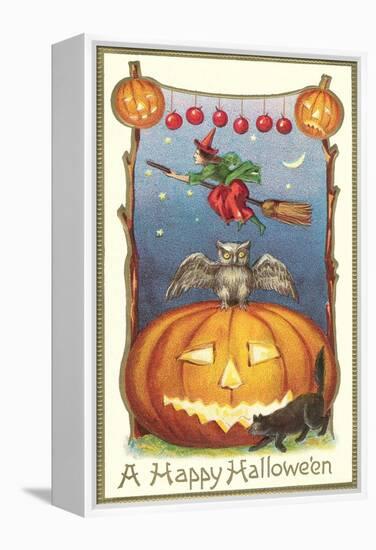 Witch, Owl Perched on Jack O'Lantern-null-Framed Stretched Canvas