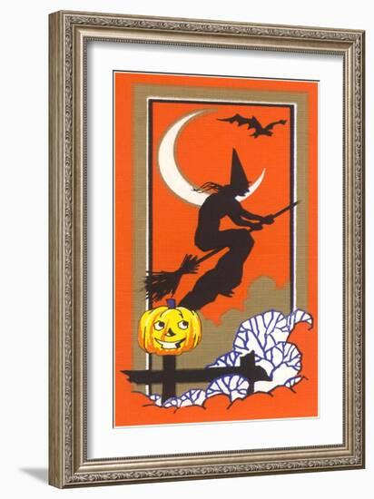 Witch Silhouette with Bat and Jack O'Lantern-null-Framed Art Print