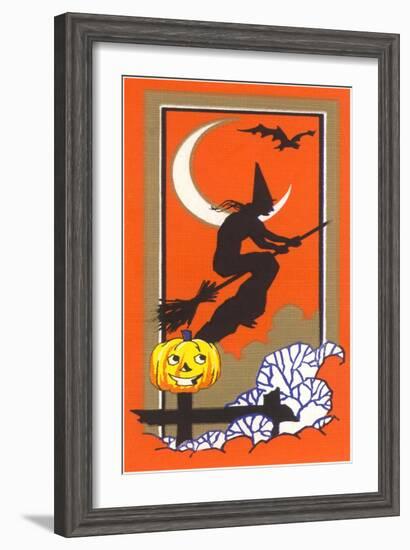 Witch Silhouette with Bat and Jack O'Lantern-null-Framed Art Print