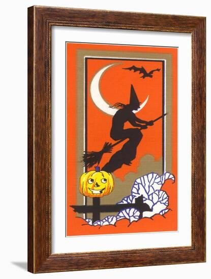 Witch Silhouette with Bat and Jack O'Lantern-null-Framed Art Print