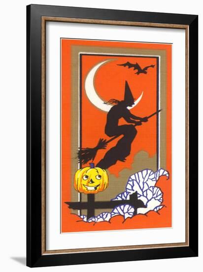 Witch Silhouette with Bat and Jack O'Lantern-null-Framed Art Print