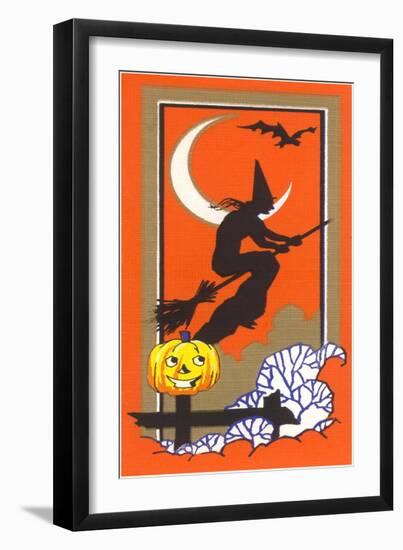 Witch Silhouette with Bat and Jack O'Lantern-null-Framed Art Print