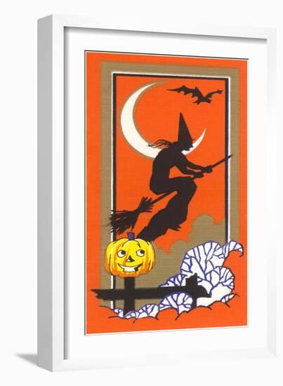 Witch Silhouette with Bat and Jack O'Lantern-null-Framed Art Print