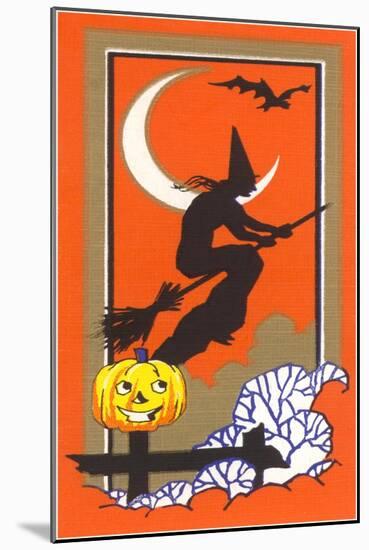 Witch Silhouette with Bat and Jack O'Lantern-null-Mounted Art Print