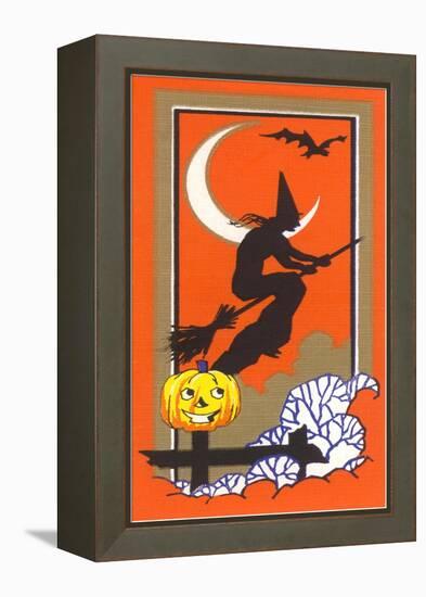 Witch Silhouette with Bat and Jack O'Lantern-null-Framed Stretched Canvas