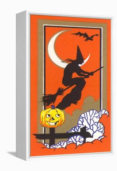 Witch Silhouette with Bat and Jack O'Lantern-null-Framed Stretched Canvas