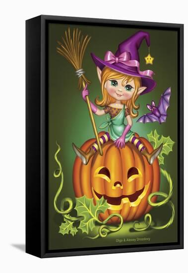 Witch with a Broom on a Pumpkin-Olga And Alexey Drozdov-Framed Premier Image Canvas