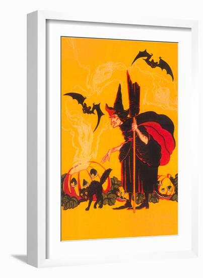 Witch with Goblin Emerging from Pumpkin-null-Framed Premium Giclee Print